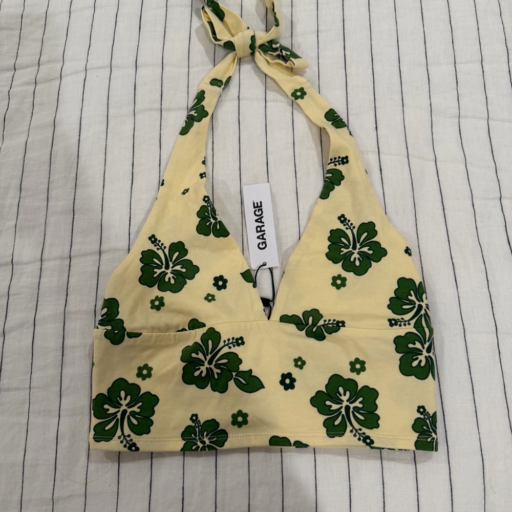 Garage Yellow Halter Top with Green Floral Pattern